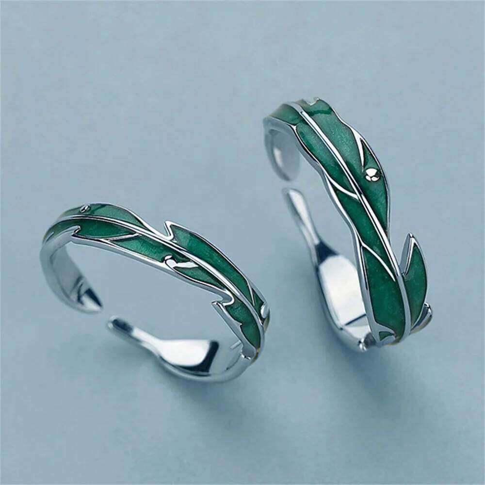 New Fashion Green Leaves Couple Rings For Women Men rs Forever Silver Color Open Ring Bridal Engagement Wedding Jewelry H260312