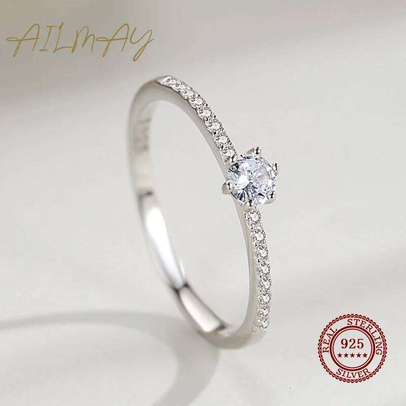 Ailmay Real 925 Sterling Silver Simple Sparkling Round Clear Zircon Ring For Women Classic Wedding Accessories Jewelry H260312