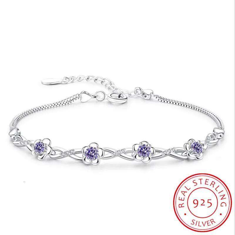 Luxury 925 Sterling Silver Purple White Zirconia Plum Flower Bracelets & Bangles For Women pulseira de Prata S-B51 Z260313
