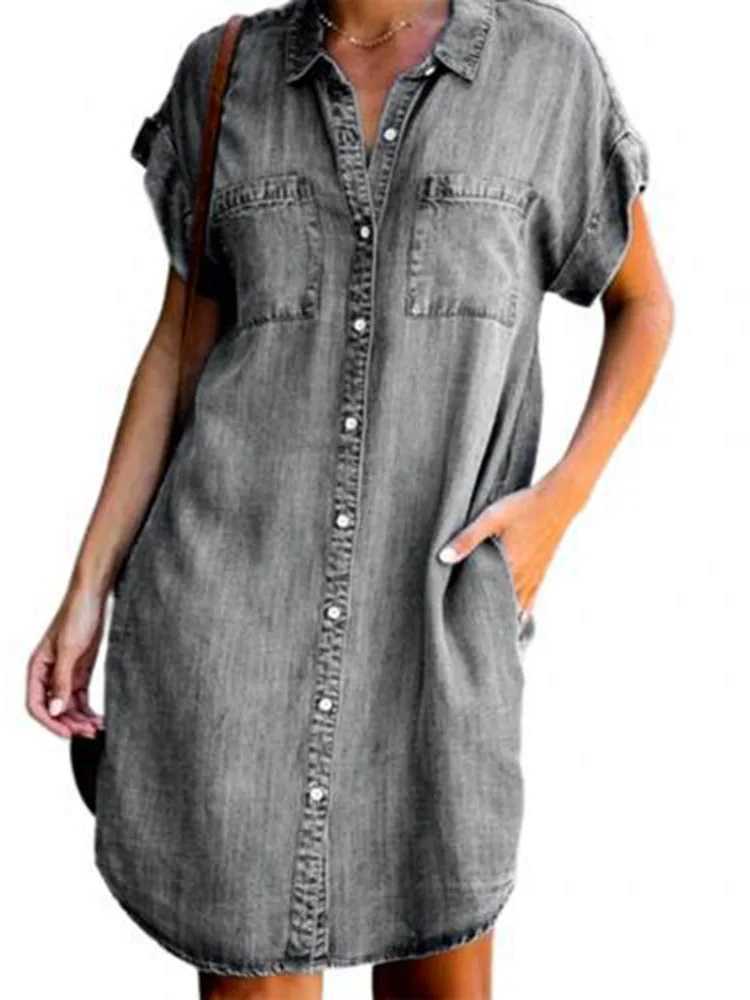 Summer New Single Breasted Denim Shirt Dress Womens Casual Loose Pocket Simple Retro Commuter Female Office Denim Short SkirtT260314