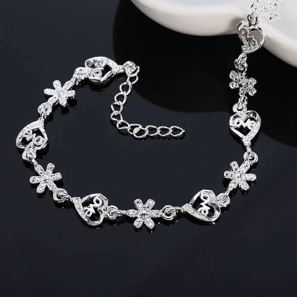 Hot fine 925 sterling silver Bracelet Fashion crystal romantic heart flower chain for woman wedding accessories jewelry Z260313