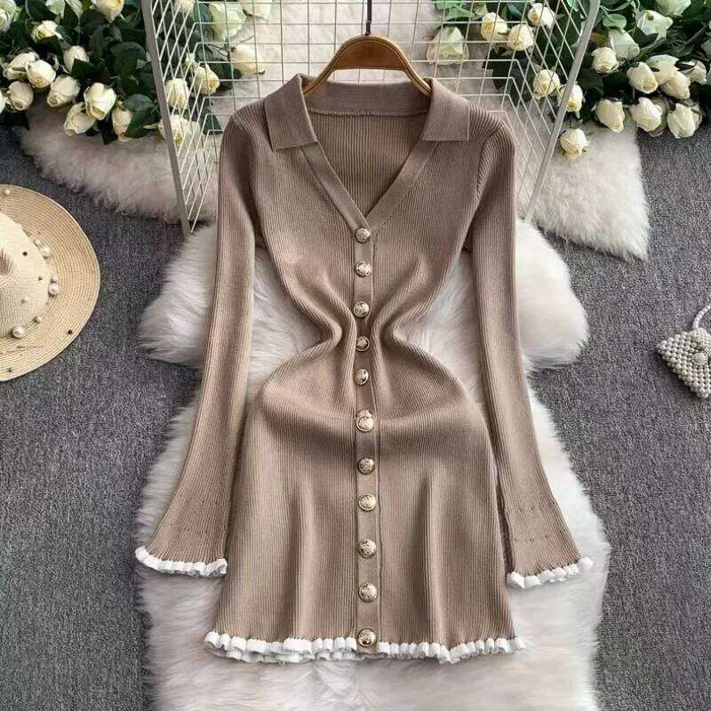 New Waist-cinching Knitting Women V-neck Long Sleeve Chic Short Dress Metal Button Spring Autumn Female Ruffle Dresses Z260313