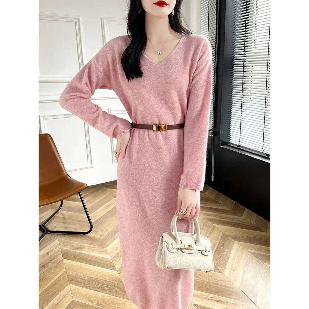 2024 New 100% Merino Wool Women Sweater V-Neck Pullover Long Dress Versatile Cashmere Knitwear Korean Popular Clothing Z260313