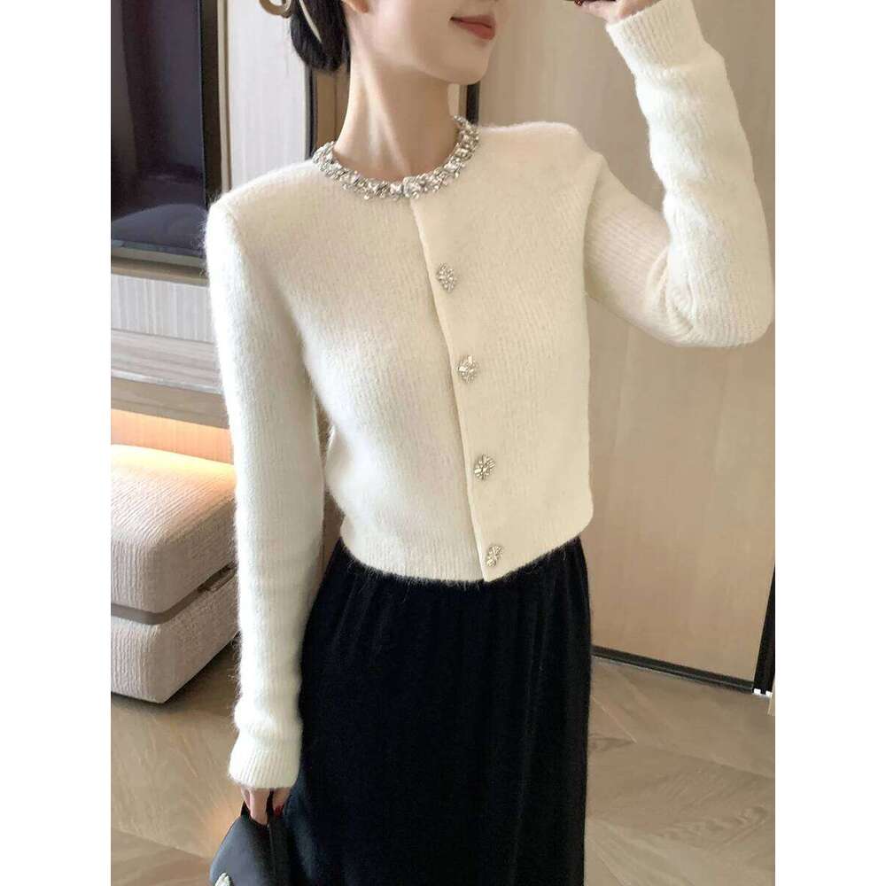 High-End Autumn Knitted Top Decorated Collar Anti-Aging Versatile Ele Sle Long Sve Round Ne Sweater Coat Z260313