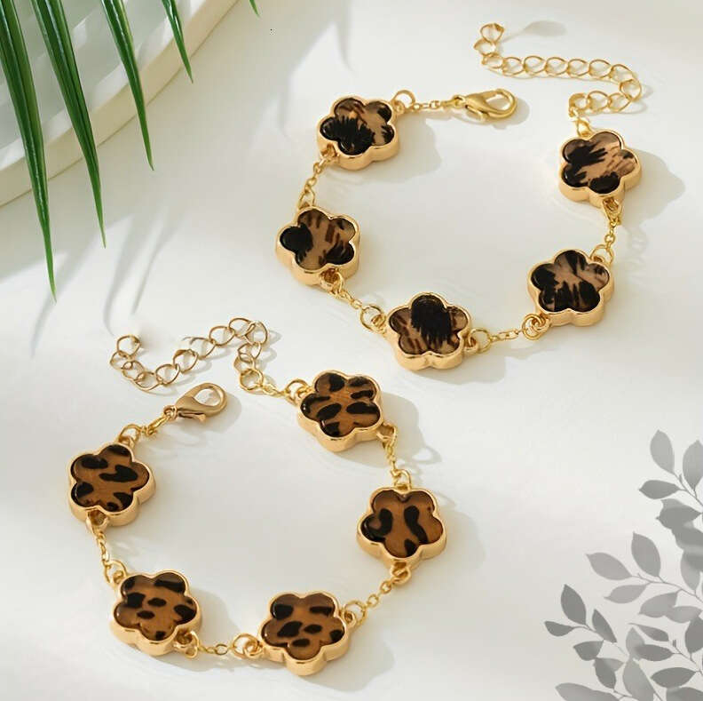 Women Jewelry Bracelets Charm Bracelets Bohemian Style Leopard Print Five-Leaf Clover Stainless Steel Fashion Charm Women Bracelet