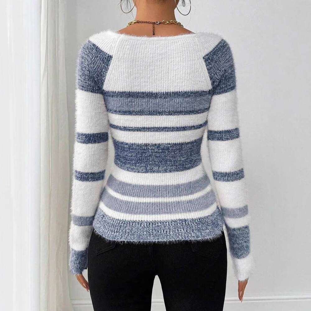 Sweater Pullover Women Knitted Top Stripe Print Square Collar Knitwear Autumn Winter 2025 Streetwear Vintage Knitting Jumpers Z260313