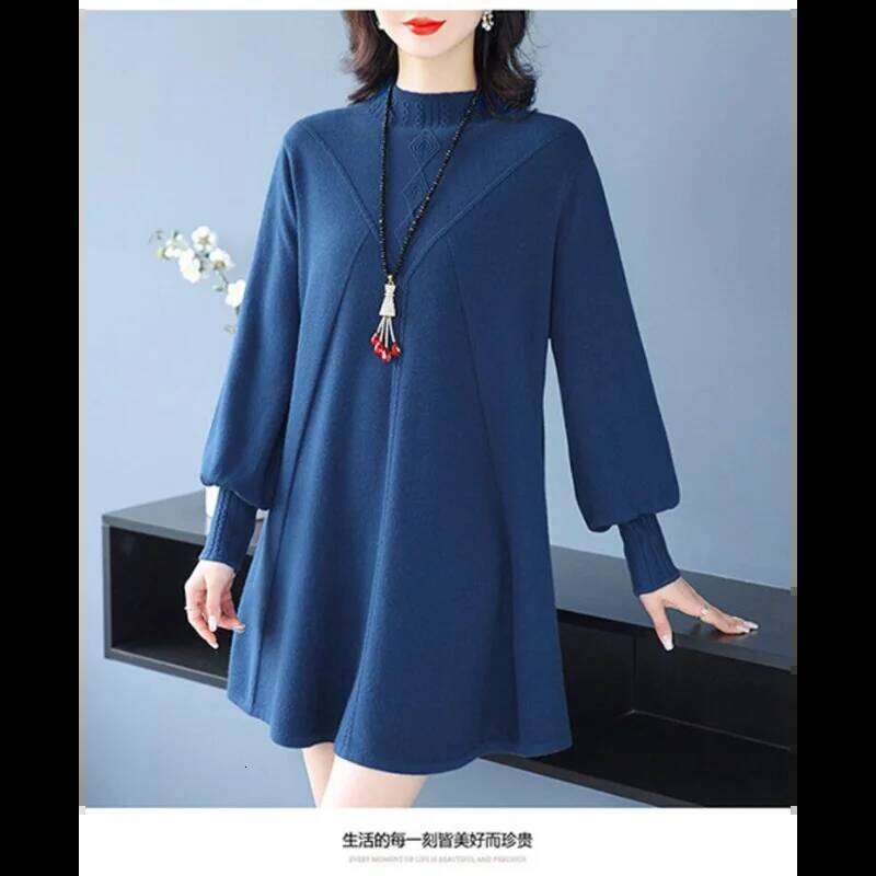 Mid-length Sweater for Women Spliced pullover Round Neck Bottoming Knitted Autumn and Winter New Loose A-line Dresses Z260313