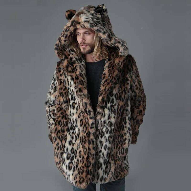 Plus Size Faux For Winter Male Leopard Jacket Long Style Hooded Overcoat Warm Men Fur Outerwear leisure Z260313
