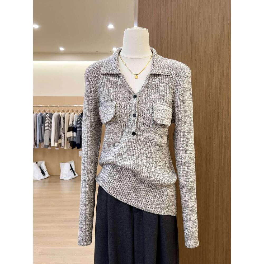 Women'S Polo Collar Long-Sleeved Knitted Base Layer Top Exudes A Sense Of Sophistication Z260313