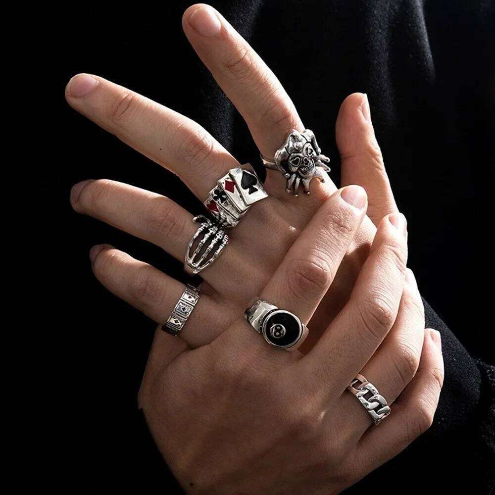 Y2K Trendy Punk Hip Hop Stainless Steel Men Ring Vintage Spider Bat Skull Two-headed Snake Rings Jewelry Gothic Accesorios Set H260312