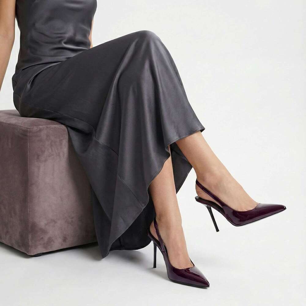 Women S Slingback Stiletto High Pointed Toe Slip On Pumps Shoes Patent Leather Stretch Strap Backless Dress Heels MOJIDASHU