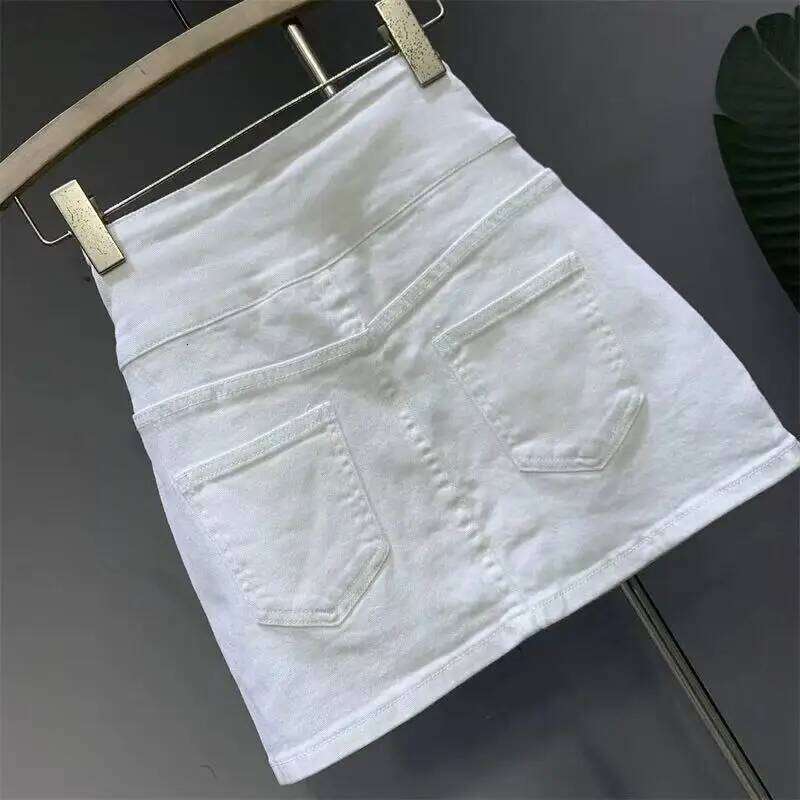 new white high-waisted denim skirt button a-word hip skirts for women with pocket Z260314
