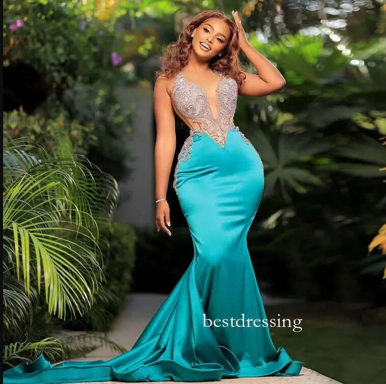 Teal Blue Mermaid Prom Dresses African Girls Sheer Neck Shiny Beaded Appliques Long Party Dress Aso Ebi Style Evening Gowns B0313