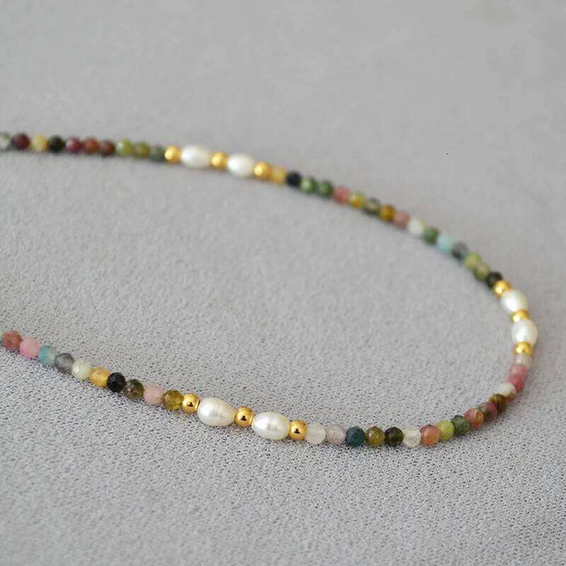 French retro art colored tourmaline real stone freshwater rice grain pearl bead short style fine necklace collarbone chain H260312