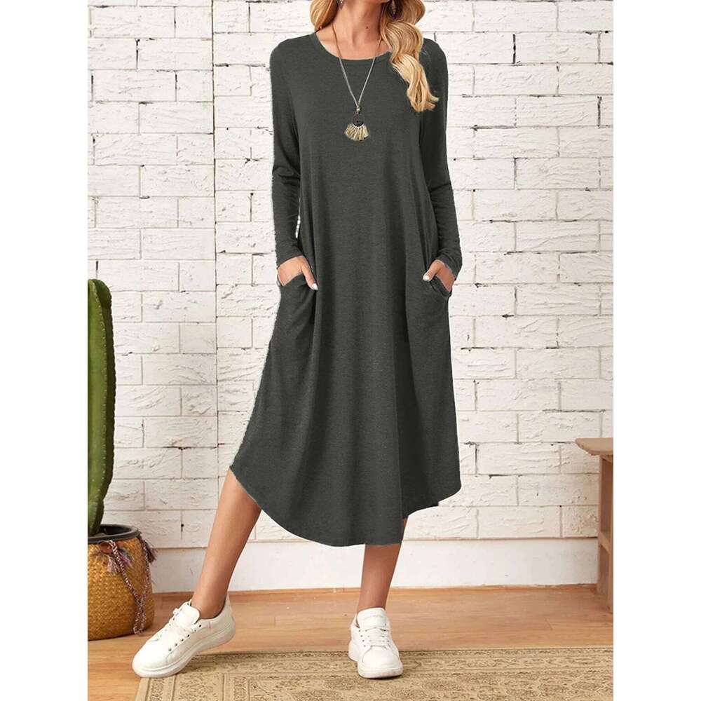 New autumn winter European and American women's solid color casual long-sleeved with curved hem loose dress Z260313