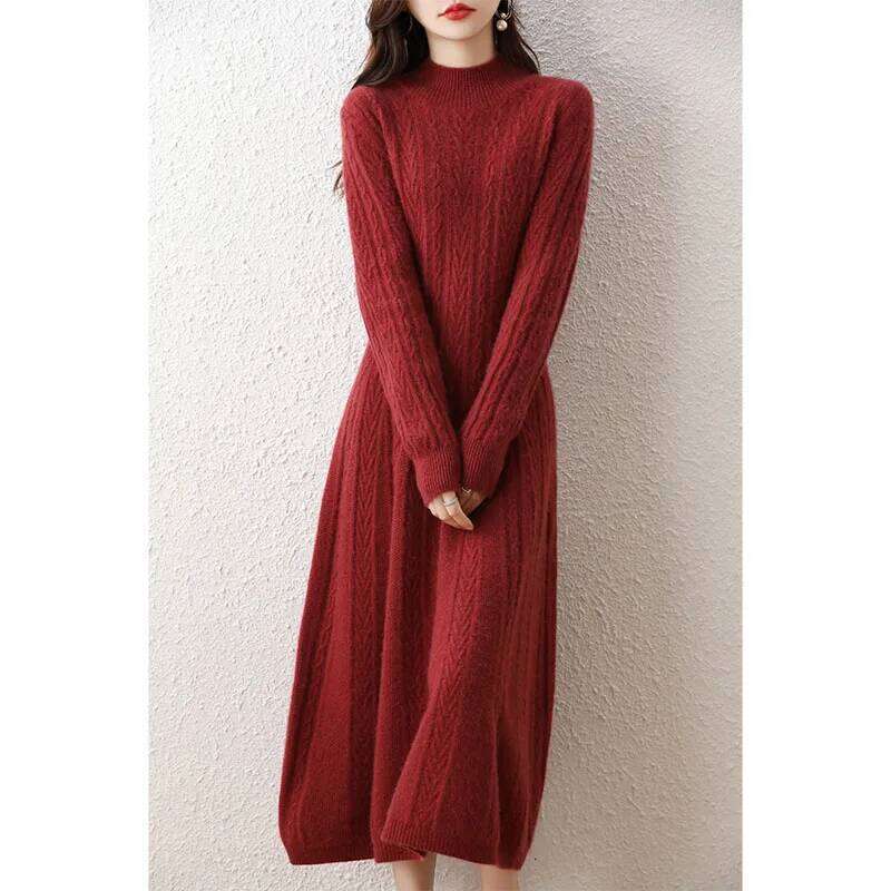 Elegant Fashion Dresses Cashmere Sweater Knitted Long Dress 100% Merino Wool Women Turtleneck Office Skirt Autumn Winter Clothes Z260314