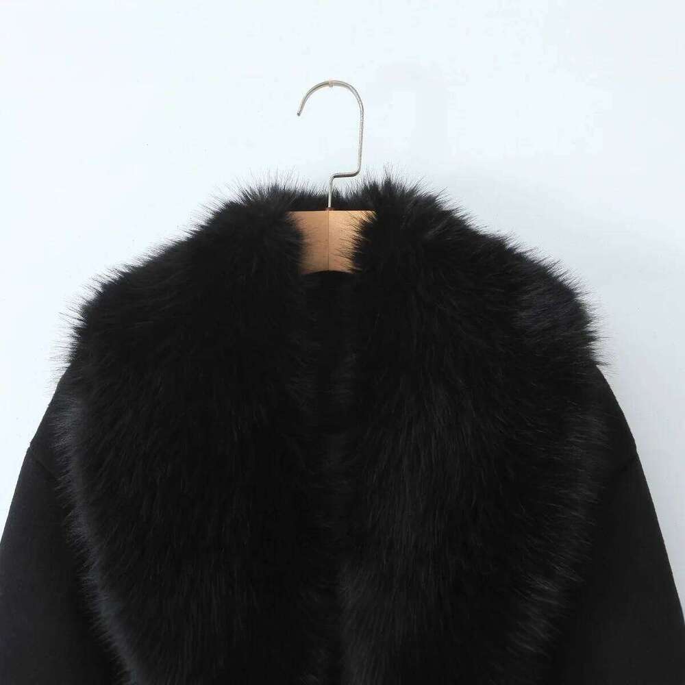 Black Belted Women Winter Overcoat Furry Collar Spliced Back Split Lady Mink Jacket Long Elegant Female Eco Fur Coat Z260313