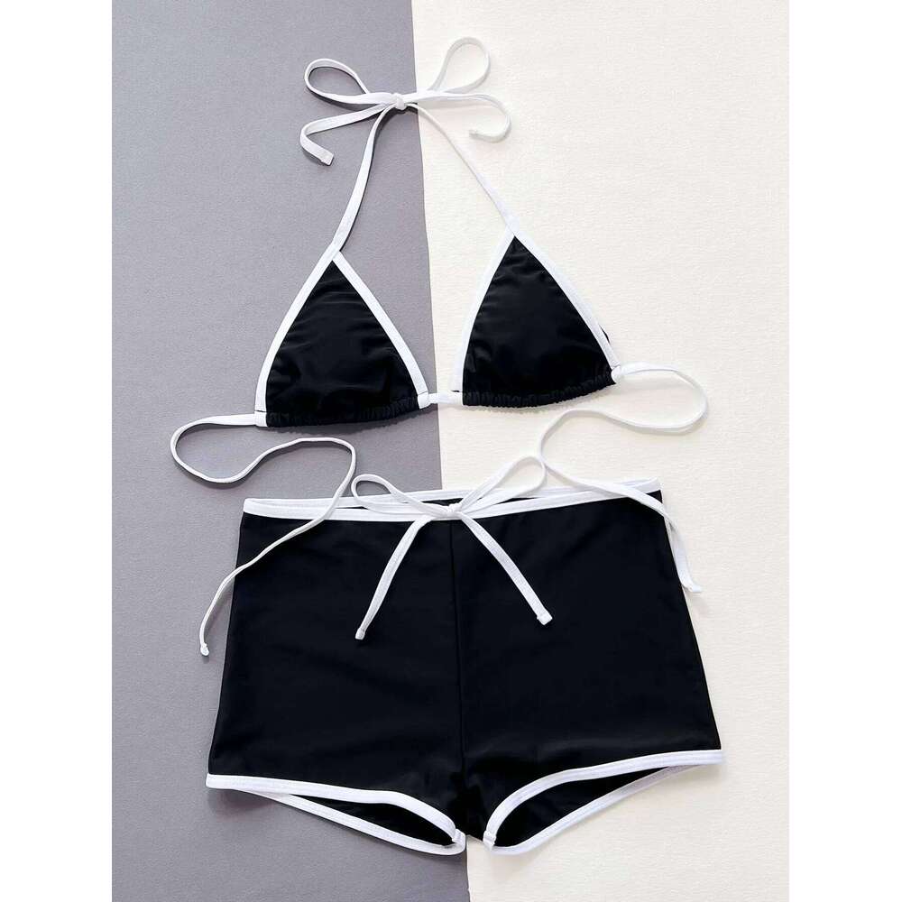 Bikini Set Black High Waist Swimsuit for Women Color Contrast 2-piece Sexy Deep V Suspender Backless Beach Bathing Suit Swimwear Y260303