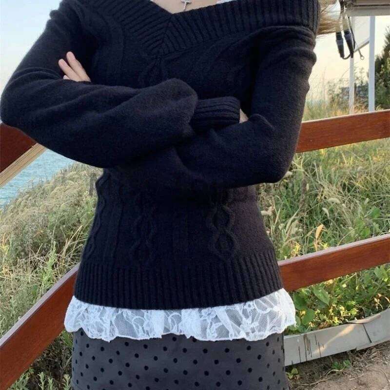 2025 Spring Autumn Black V-Neck Sweater Women Solid Elastic Design Fit Cross Knit Tops Chic Knitwear Casual Bottoming Clothing Z260314