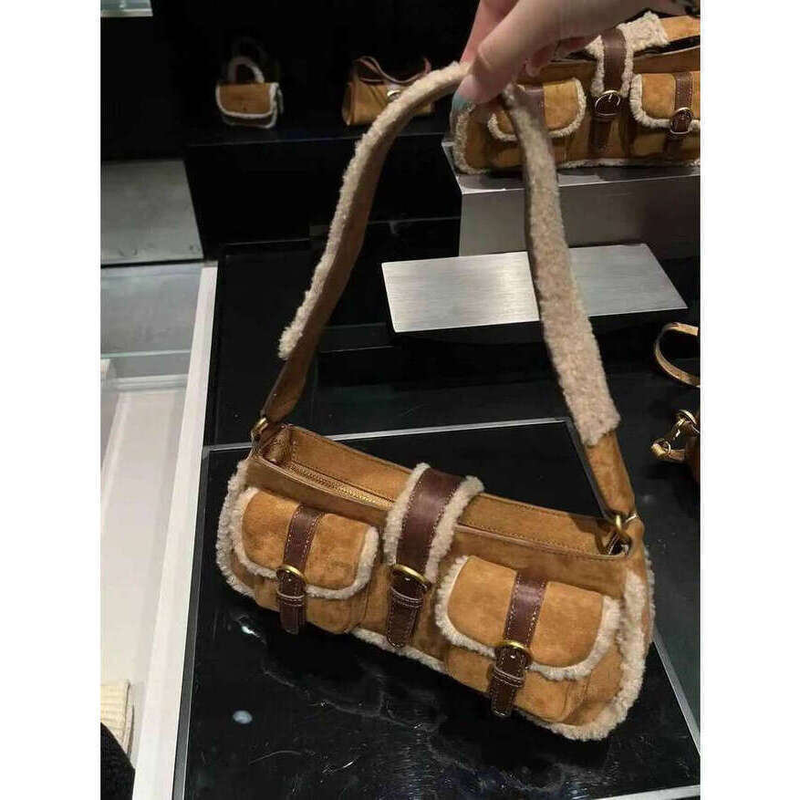 OLOEY Women Retro Imitation Suede Pocket Backpack Versatile Lamb Wool Double And One Shoulder Autumn Winter New Khaki Handheld Bag Premium Backpack