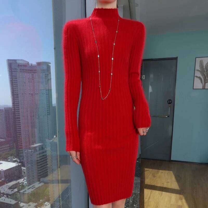 Autumn winter mink fur sweater, women's semi high neck slim fit dress, mid length pullover, Korean version knitted base sweater Z260314