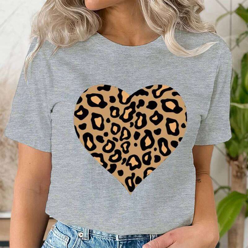 Vintage Leopard Print Heart Pattern Women Shirts Casual Fashion Love Graphics Korean Ulzzang Short Sleeve T Shirt Femme Z260314