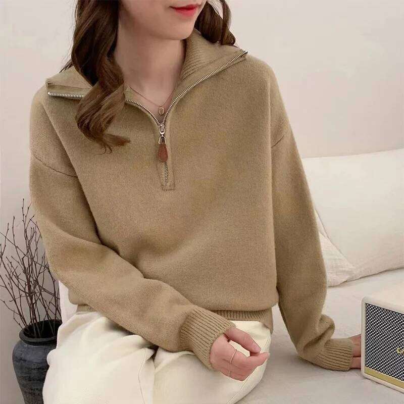 Korean Half Zip-Up Sweater Women Retro Loose Sporty Knitted Pullover ladies Autumn Winter thicken warm Long Sleeve knit Jumpers Z260313