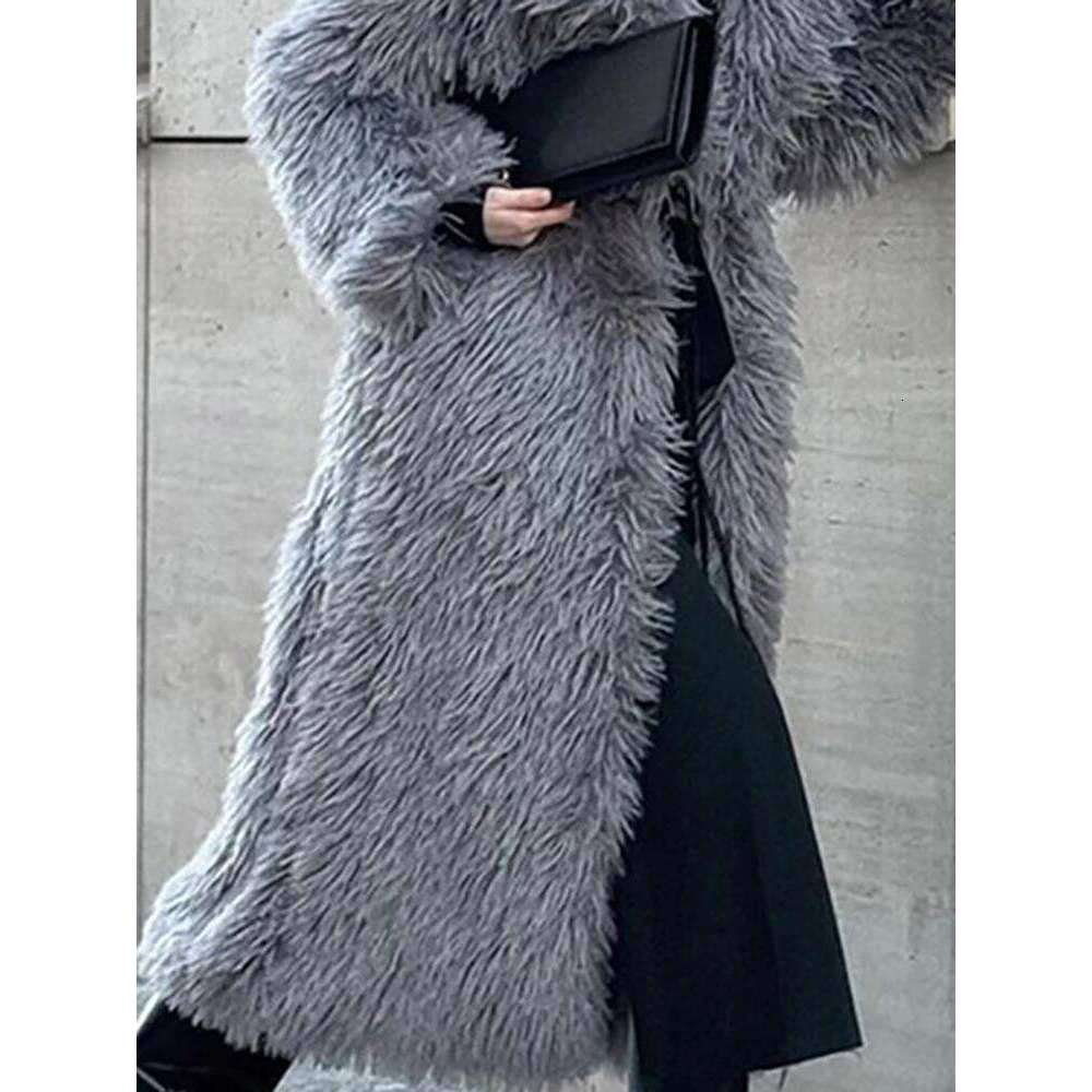 DEAT Fashion Gray Imitation Fur Coat Women's Lapel Loose Long Sleeves Plush Thick Overcoat Winter New 7A1438 Z260313