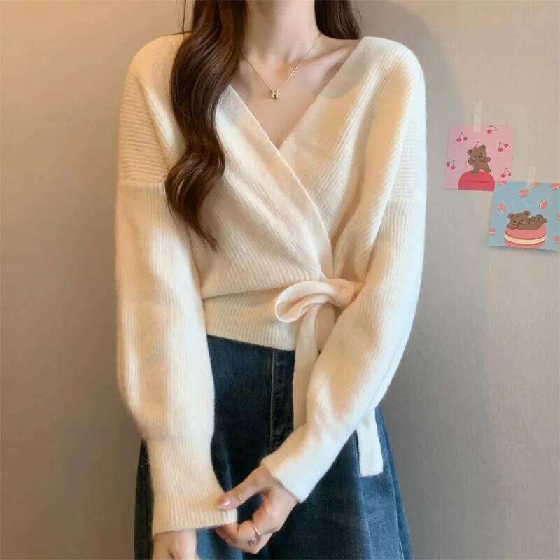 Cross Irregular Tie Up Waist Slimming Sweater Cardigan Women's Spring Autumn Winter Unique Loose Knitted Shirt Z260313