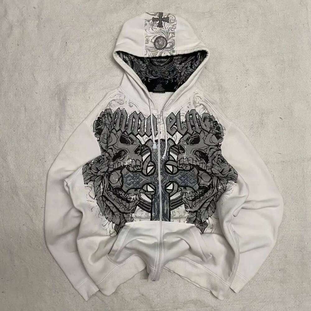 American Y2K New Hip Hop Trend Zipper Women Street Casual Loose Joker Vintage Sweatshirt Unisex Fleece Padded Warm Hoodie 26Y0313