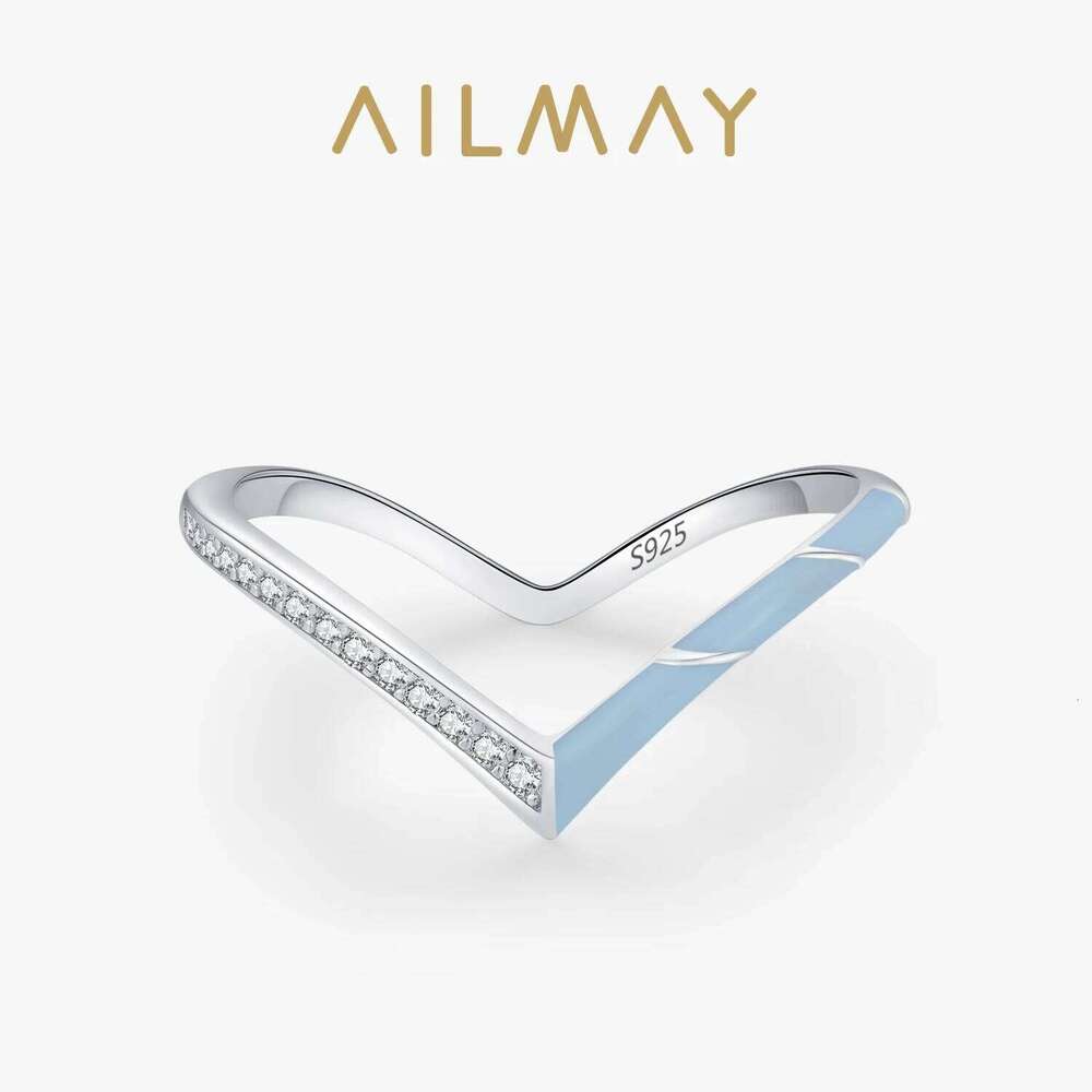 Ailmay 925 Sterling Silver Fashion Romantic Blue Enamel V-Shaped Sparkling CZ Finger Ring For Women Valentine's Day Jewelry Gift H260312