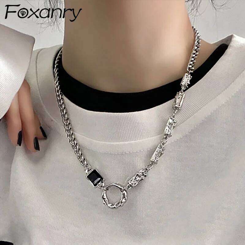 Foxanry Black Zircons Clavicle Chain Necklace New Fashion Simple Irregular Round Geometric Handmade Birthday Party Jewelry Gifts H260312