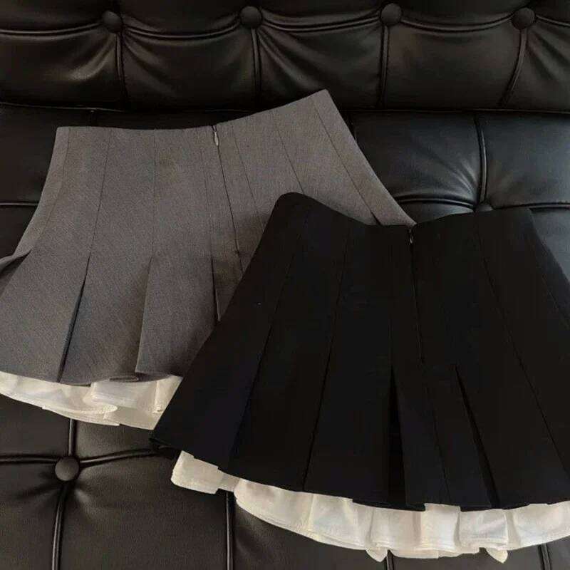 Y2K Ruffles Black Mini Women Korean Patchwork Pleated Skirts Japanese Kawaii High Waist All Match A Line Skirt New Z260314