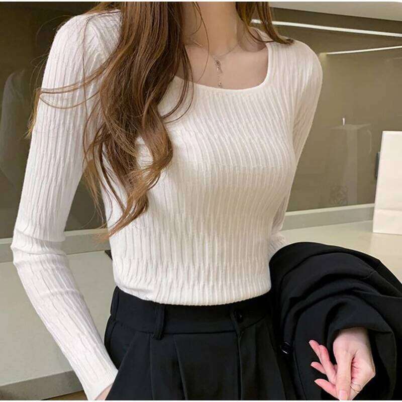 Square Collar Solid Bottoming Long Sleeve Slim Knit Pullovers Casual Office Sweater Women 2025 Fall Winter Z260314