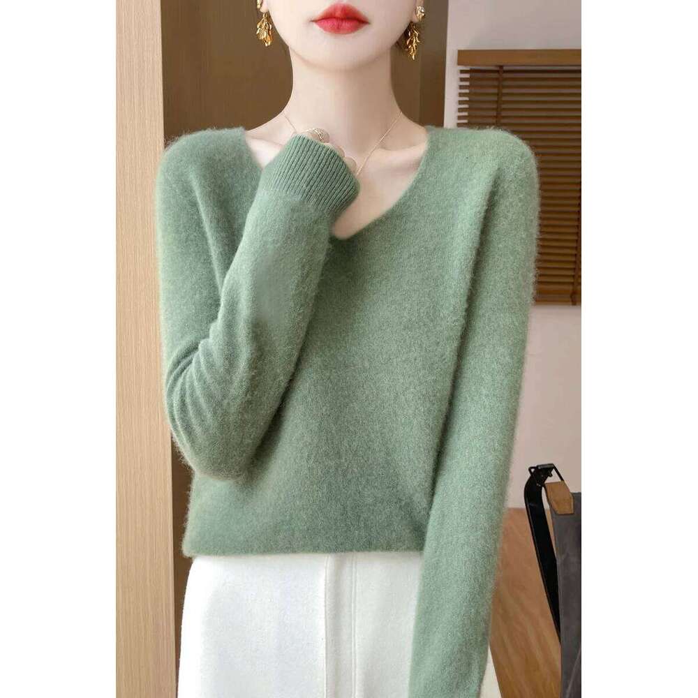 Autumn Winter Women Cashmere Casual V-neck Pullover 100% Merino Wool Knitwear Basic Bottom Sweater Korean Popular Z260314