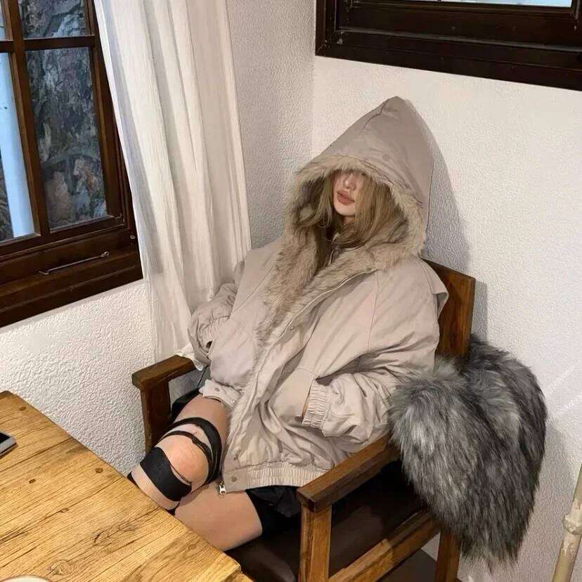 American vintage warm fashionable and simple, loose biker punk jacket, hip-hop style, winter fur collar hooded jacket Z260313