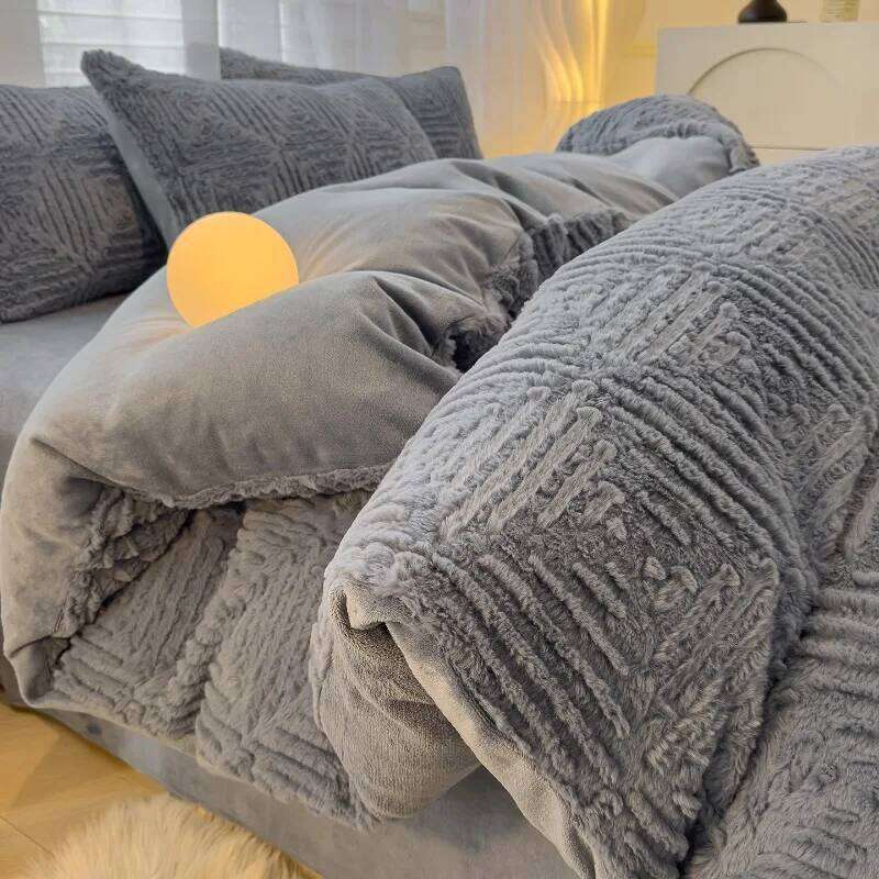 2025 winter model carved rabbit fur milk four-piece set coral fleece thickened bed quilt cover fitted sheet kit H260312 - view 6