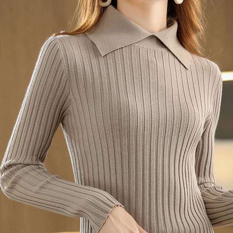 Women Korean Fashion Elegant Polo Collar Ribbed Knitted Sweater Autumn Winter Solid Long Sleeve Slim Pullover Tops Basic Jumper Z260313