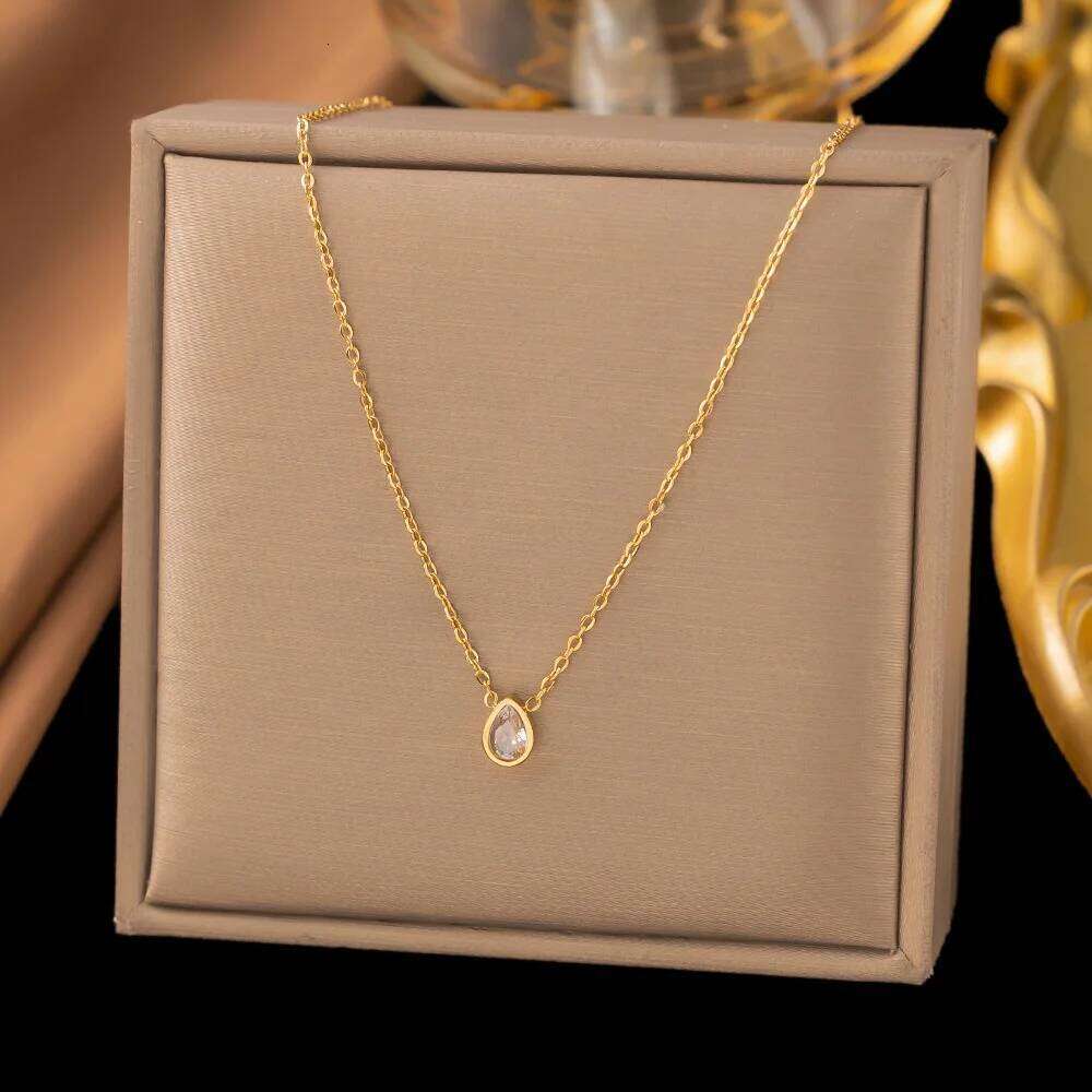 Stainless Steel Shiny Clear Zircon Waterdrop Pendant Necklace for Women Girls Minimalist Choker Chains Party Jewelry Gift New H260312