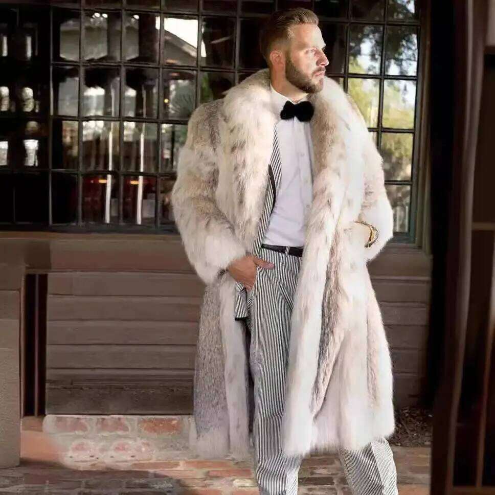Men Faux Fox Fur Jacket Long Coat Winter Thick Fluffy Warm Shaggy Outerwear Luxury Business Turn Down Collar Overcoat 2025 Z260313