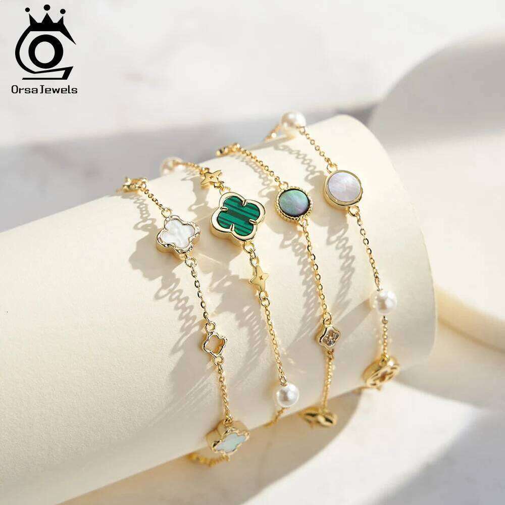 ORSA JEWELS Gold Charms Bracelets for Women Sterling Silver 925 Hand Chain Four Leaf Flower Bracelet Jewelry Birthday Gift GMB67 Z260313