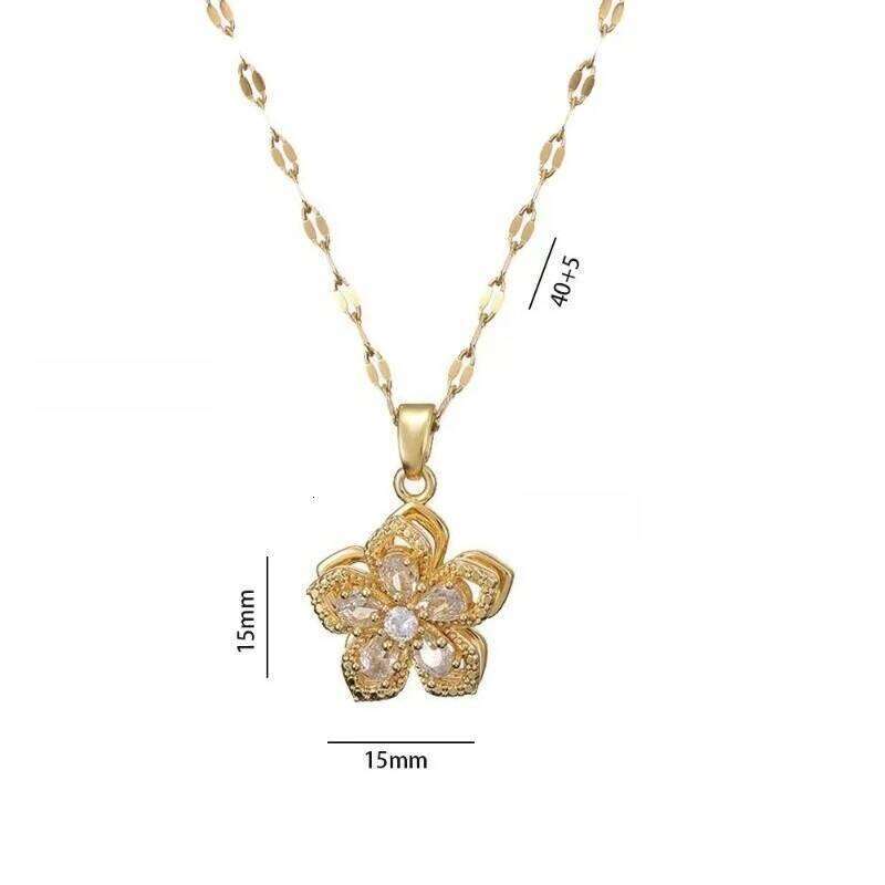 Light Shiny Zircon Rotatable Flower Pendant Necklace for Women Stainless Steel Romantic Spin Floral Plant Choker Jewelry H260312