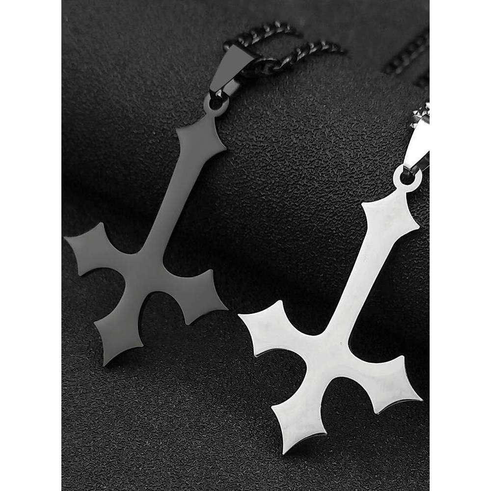 Goth Upside Down Stainless Steel Pendant Necklace for Men Black Color Inverted Cross Kering Handbag Accessorie Jewelry H260312
