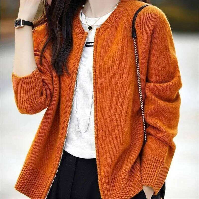 Knit Women Cardigan Casual Full Sleeve Zipper O Neck Pleated Solid Lady Sweater 2025 Autumn Fashion Female Knitwear Z260313