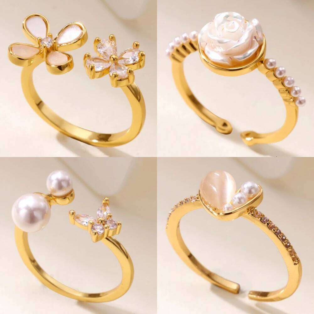 Stainless Steel Crystal Zircon Flower Rings For Women Fashion Imitation Pearl Gold Color Open Finger Ring Aesthetic Jewelry Gift H260312