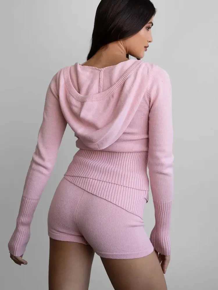 Spring Autumn Knitted Shorts Suit Women Long Sleeves Hooded Zipper Topshigh Waist Slim Shorts Female Solid Knit Two Piece Set M260313