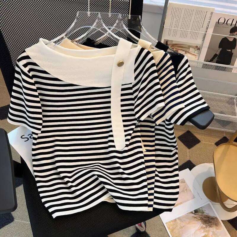 Summer Sexy Sweater Women Knit T-shirt Tops Fashion Striped Elegant Stylish Chic Tees Pullover Short Sleeve Jumpers 2024 Z260313