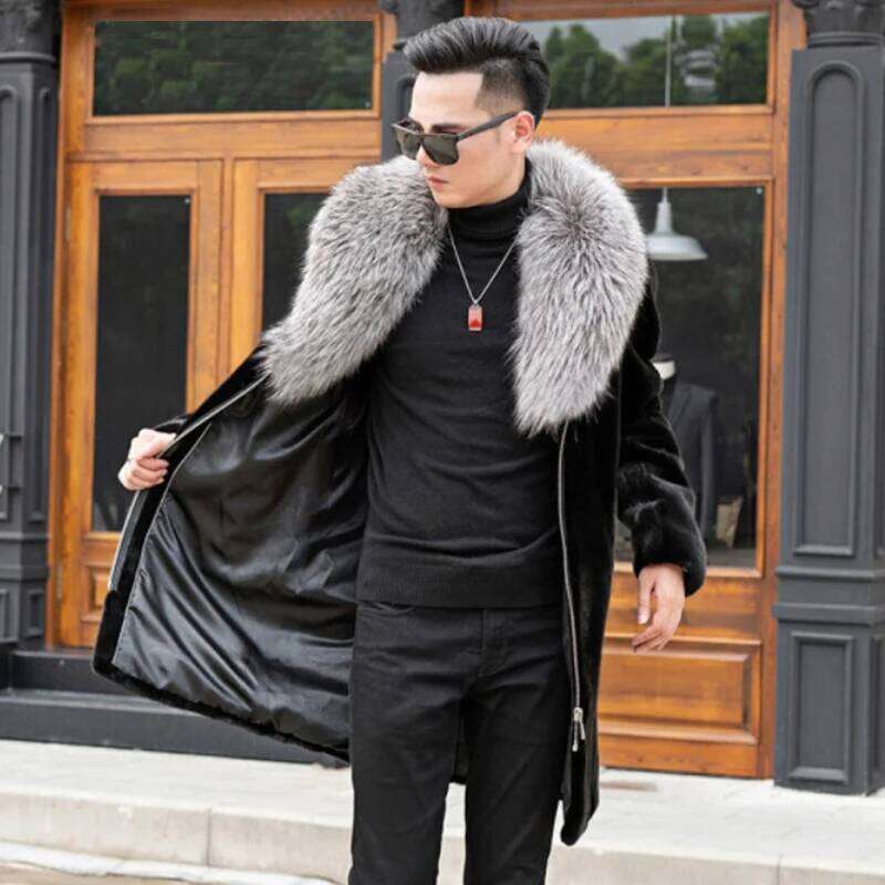 Men's mink coat extra long oversized silver fox fur collar casual warm jacket Z260313