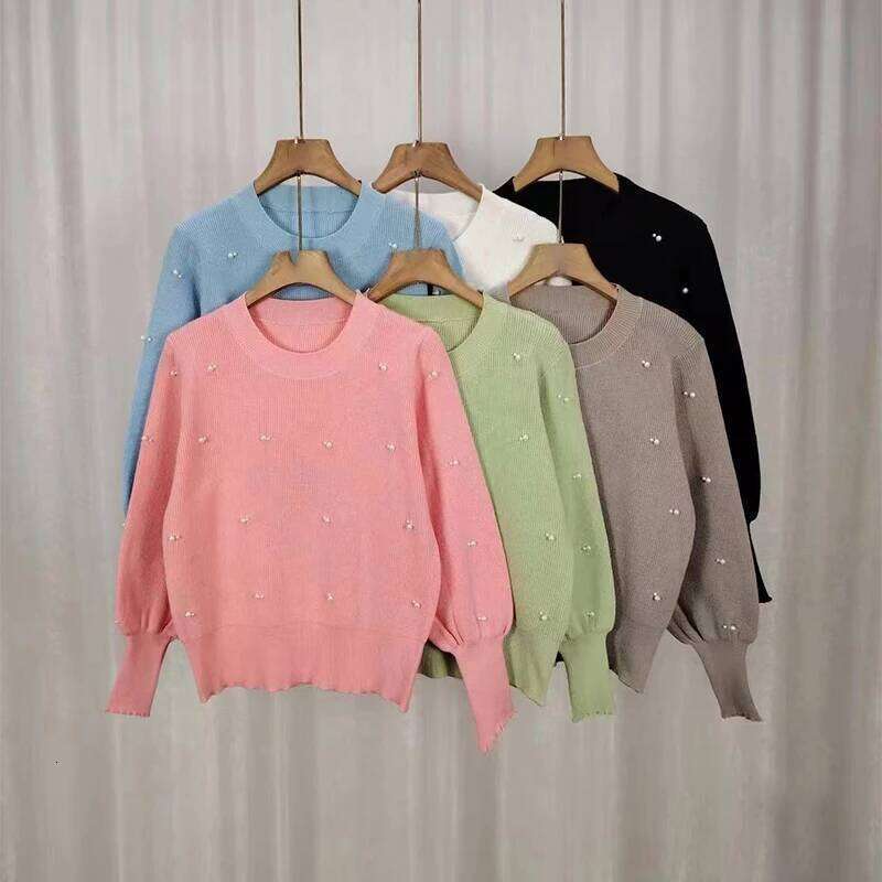 Autumn Winter French Gentle Round Neck Long Sleeve Beads Knitted Sweater For Women Z260314