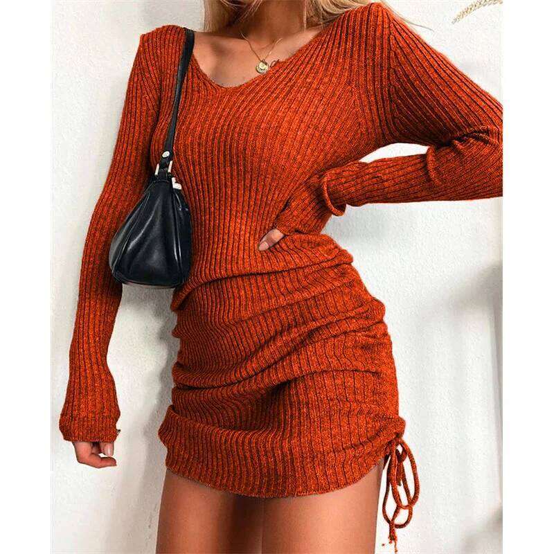 Knitted sweater V-neck long-sleeved women's autumn and winter sexy slim-fit ribbed pleated drawstring bottoming skirt Z260314
